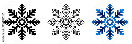 snowflakes icon in three design variants - silhouette, outline, and blue gradient design, icon set  