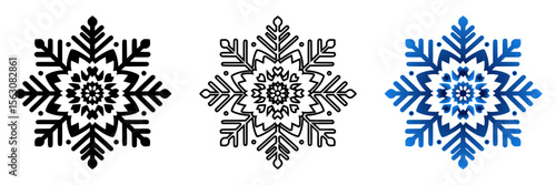 Snowflake icon in three design variants - silhouette, outline, and blue gradient design styles, icon set  
