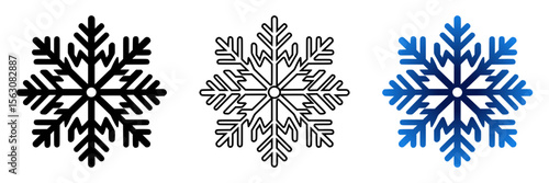 Snowflakes in various styles and colors icon in three design variants - silhouette, outline, and blue gradient design, icon set  