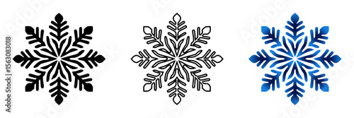 Snowflakes icon in three design variants - silhouette, outline, and blue gradient design, icon set  