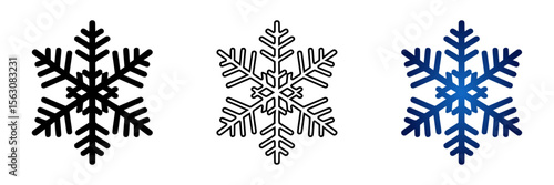 Snowflake icon in three design variants - silhouette, outline, and blue gradient design, icon set  