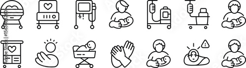 Neonatal and Maternity Line Icons Featuring Incubator, IV Drip, Breastfeeding, Baby Care, Gloves, and Medical Equipment