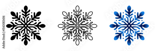 Decorative snowflakes icon in three design variants - silhouette, outline and gradient design, icon set