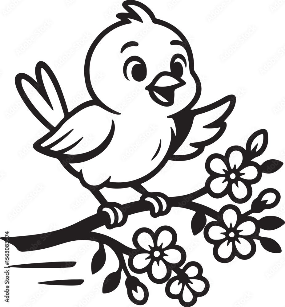 Adorable Happy Cartoon Bird on Flowering Branch - Simple Black and White Line Art Illustration Adorable Happy Cartoon Bird on Flowering Branch - Simple Black and White Line Art Illustration