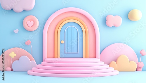 Pastel-colored, 3D rendered scene featuring a rainbow archway with a light blue door and tiered platform.  Fluffy clouds, hearts, and hills decorate the light blue background
