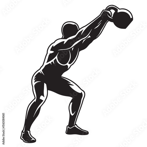 Vector illustration of a muscular athlete performing a kettlebell overhead squat exercise