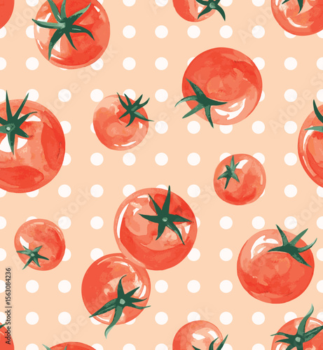 Seamless watercolor tomato pattern. Cute and vibrant seamless pattern. Ideal for fabric prints, wallpapers, packaging, and creative backgrounds.