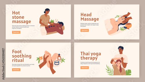 Set of banner featuring traditional Thai massage techniques. Perfect for spa websites, salon posters, or wellness app graphics. Hand drawn vector illustration.