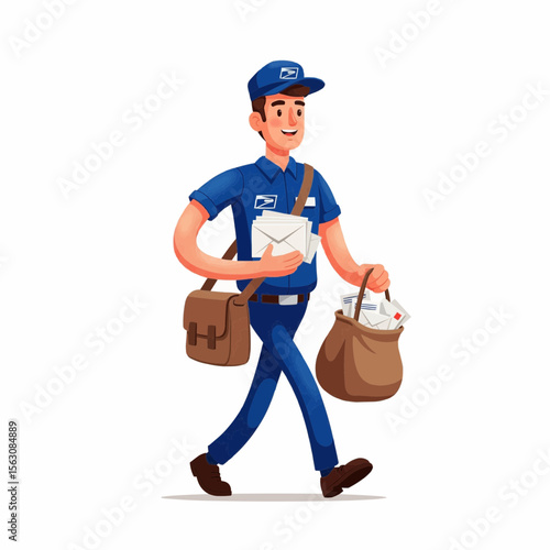 Flat illustration postal worker holding letters and a mailbag, walking cheerfully