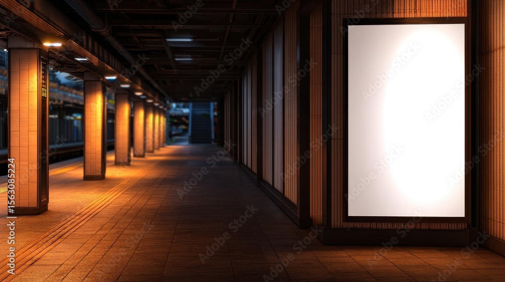 Empty subway station corridor with illuminated pillars and a blank advertising space at night Empty subway station corridor with illuminated pillars and a blank advertising space at night