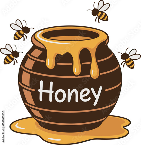  illustration of a honey pot overflowing with golden honey
