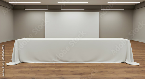 Blank white tablecloth on long table in empty gallery space perfect for product display or event promotion