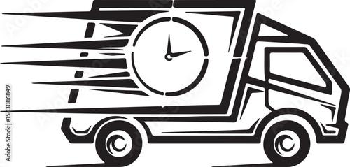 Hand-drawn vector illustration of a delivery truck with a clock design, symbolizing timely transport