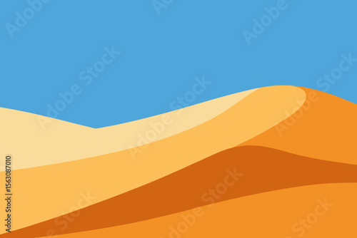 Stylized desert sand dunes under a clear blue sky with abstract wavy shapes