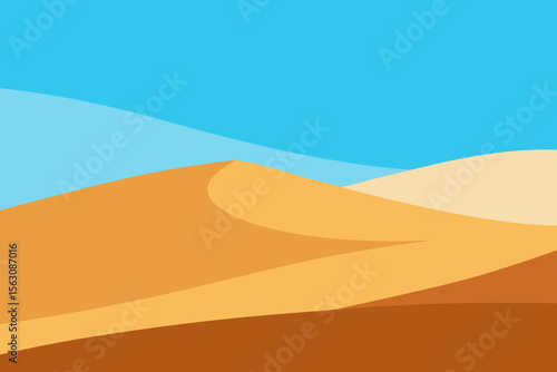 Stylized desert landscape with rolling sand dunes under a clear blue sky