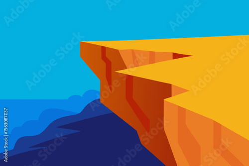Abstract Cliffside Landscape with Blue Sky and Water in Flat Design
