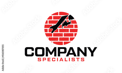 hand holding trowel with brick for bricklayer logo design icon vector template