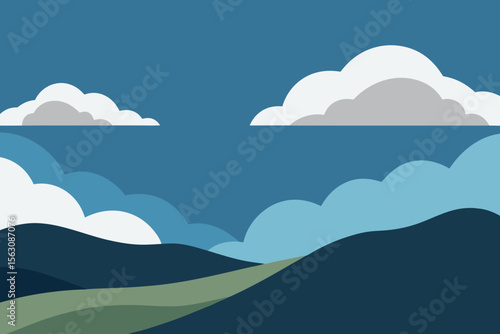 Stylized landscape with rolling hills and fluffy clouds under a deep blue sky