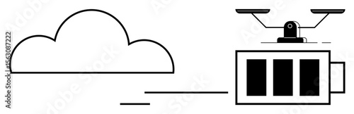 Drone carries rectangular package in flight near cloud, symbolizing modern parcel delivery, efficiency, and technology. Ideal for logistics, innovation, digital shipping, future transport, remote