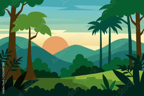 Cartoon Jungle Landscape with Sunset Trees and Mountains in a Flat Design