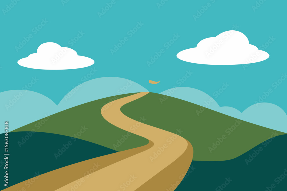 Obraz premium Winding path leads to a flag on a green hill under a blue sky