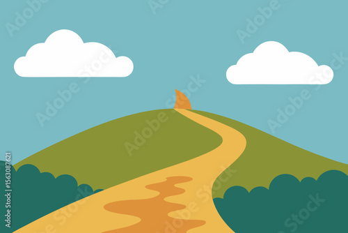 A winding path leads up a green hill towards a bright orange peak under a blue sky with clouds