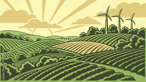 A sprawling farmland network connected by precision agriculture technology, showcasing a vibrant green landscape at sunrise, with a detailed aerial view