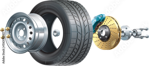Exploded Car Wheel and Brake System Vector – Automotive Parts