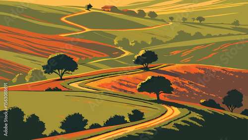 A sprawling farmland network connected by precision agriculture technology, showcasing a vibrant green landscape at sunrise, with a detailed aerial view