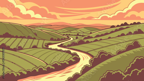 A sprawling farmland network connected by precision agriculture technology, showcasing a vibrant green landscape at sunrise, with a detailed aerial view