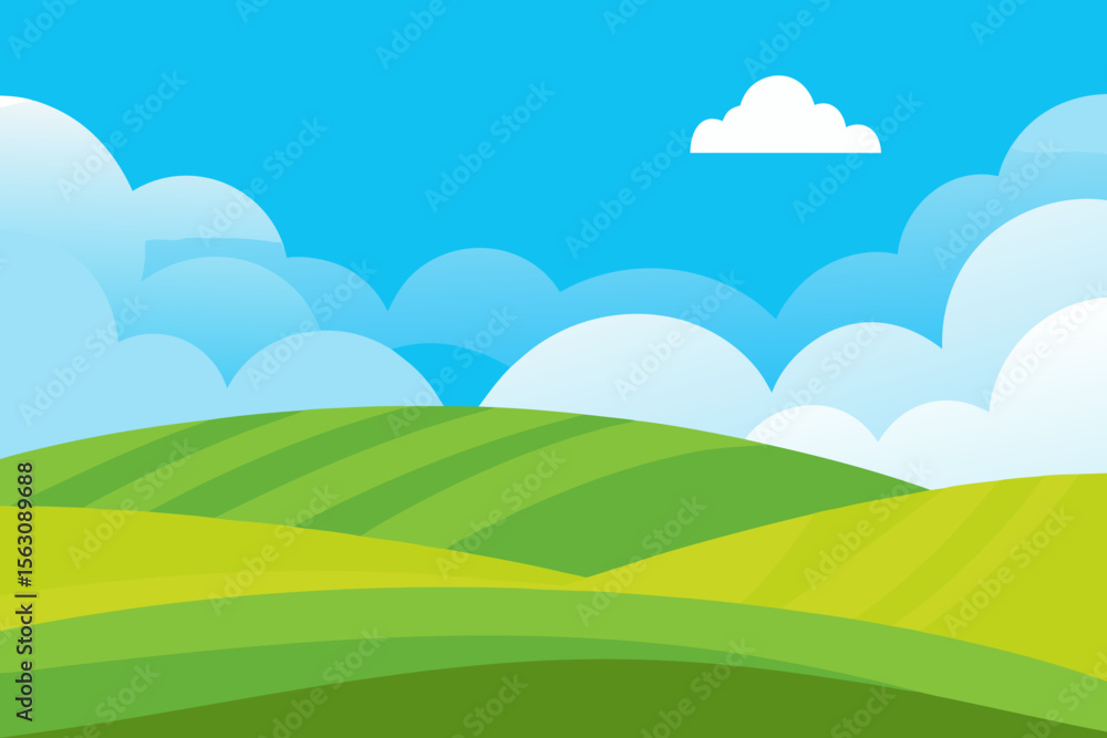 Obraz premium Cartoon Landscape with Rolling Green Hills and a Cloudy Blue Sky