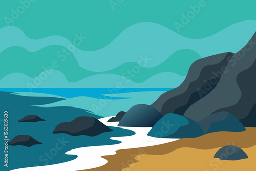 Stylized Coastal Landscape with Rocks Beach and Turquoise Sky