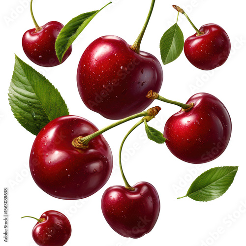 A scattering of fresh, red cherries with green leaves, isolated on transparent background
