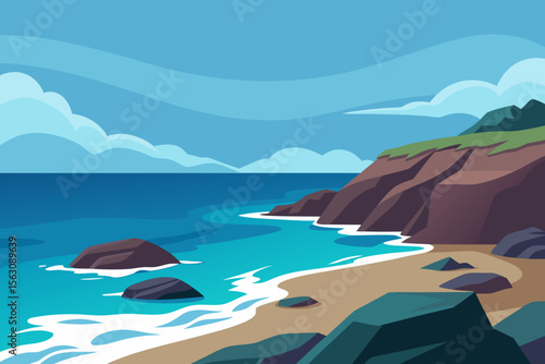 Coastal Landscape with Cliffs Beach and Ocean View Under a Cloudy Sky