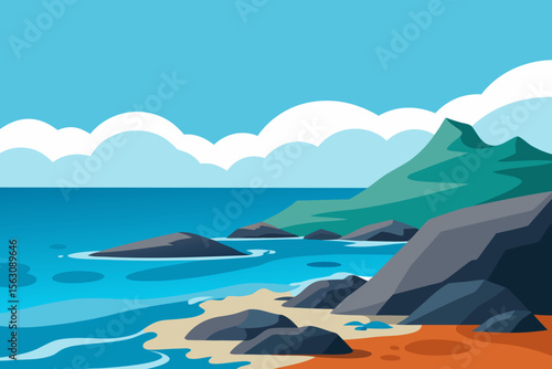 Stylized Coastal Landscape with Mountains Rocks and Ocean Under a Cloudy Sky