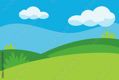 Cartoon Landscape with Green Hills Blue Sky and White Clouds Illustration