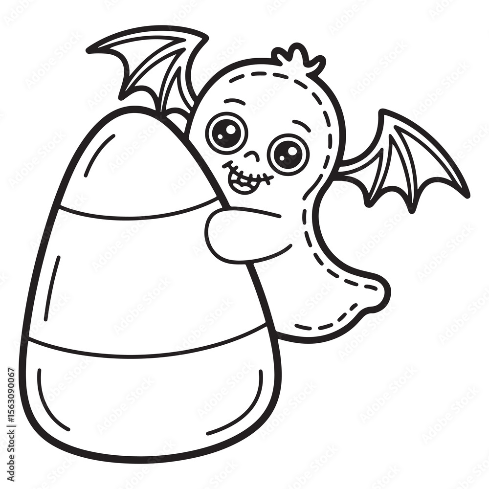 Fototapeta premium Candy Corn with Cute Halloween Monster Line Art Illustration for Coloring