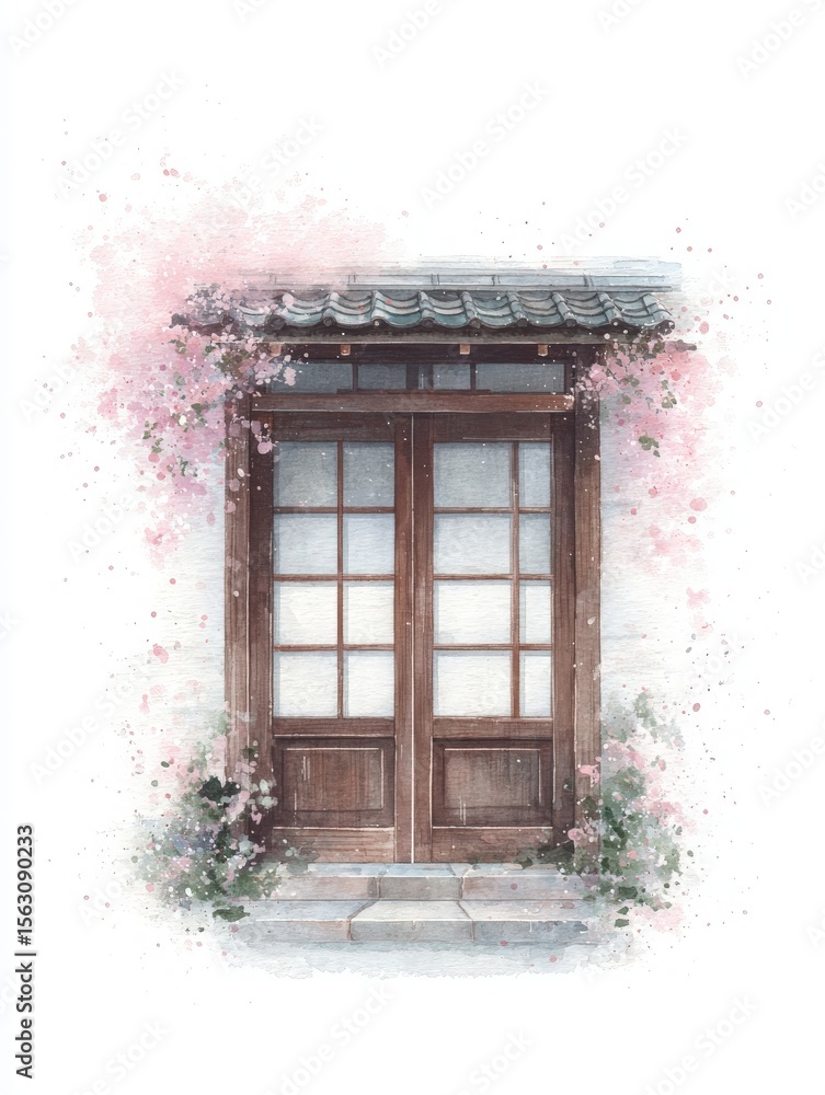 A beautiful wooden double door is framed by delicate pink cherry blossom petals. Surrounding greenery enhances the tranquil atmosphere, suggesting a peaceful entrance to a quaint dwelling. A beautiful wooden double door is framed by delicate pink cherry blossom petals. Surrounding greenery enhances the tranquil atmosphere, suggesting a peaceful entrance to a quaint dwelling.