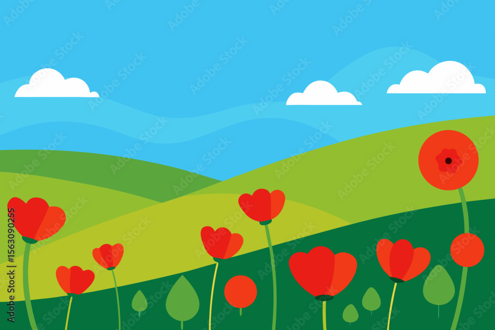 Fototapeta premium Stylized Poppy Field Landscape with Rolling Hills and a Blue Sky