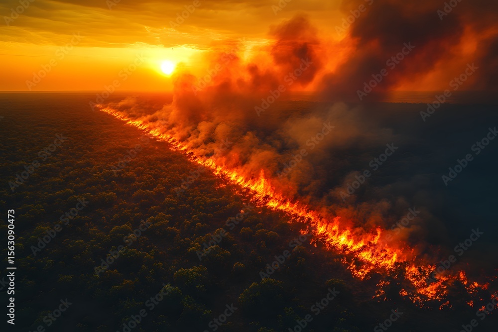 Naklejka premium Dramatic Aerial View of a Forest Fire at Sunset - Environmental Impact and Nature's Fury