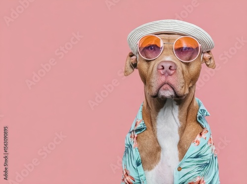 A pit bull wearing sunglasses, a hat, and a floral shirt against a pink background