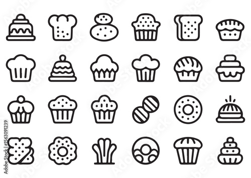 Collection of bakery and dessert icons with outline style isolated on white background