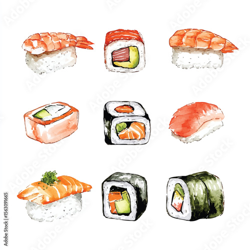 Watercolor Sushi Collection Assorted Japanese Cuisine Delights on Display