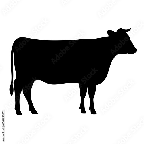 Full body black silhouette of a cow standing on white background