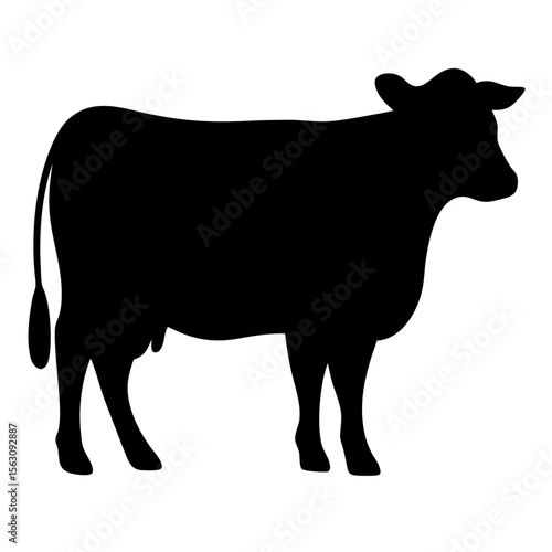 Black silhouette of a mature cow standing in profile against white