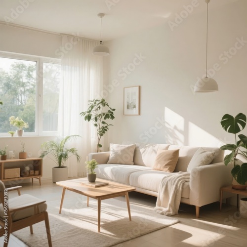 Bright and Cozy Living Room with Natural Light and Greenery