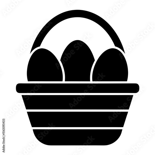 Stylized Easter Egg Basket with three Eggs in Solid Black Silhouette