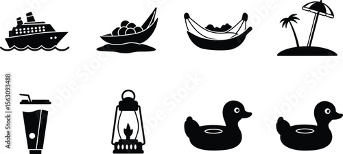Fun Beach Icons Featuring Boats, Hammocks, and Ducks in a Vibrant Coastal Environment