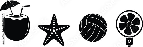 Tropical Coconut, Starfish, Volleyball, and Fan Illustrations for Beach Fun