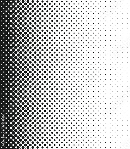 Black and white halftone dot pattern fading from left to right isolated on white background